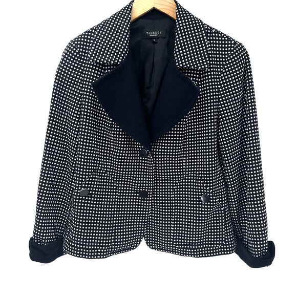 Talbots Blazer Womens 10 Jacket Navy Blue White Polka Dot Cropped Classic - Picture 1 of 10